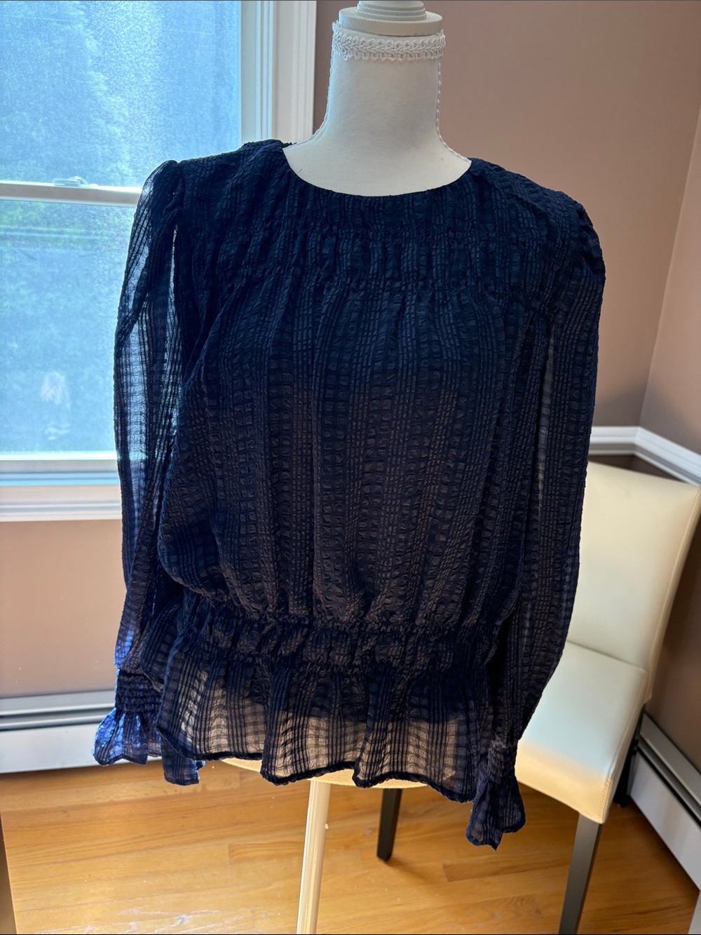 NSR Navy Textured Sheer Long-Sleeve Blouse